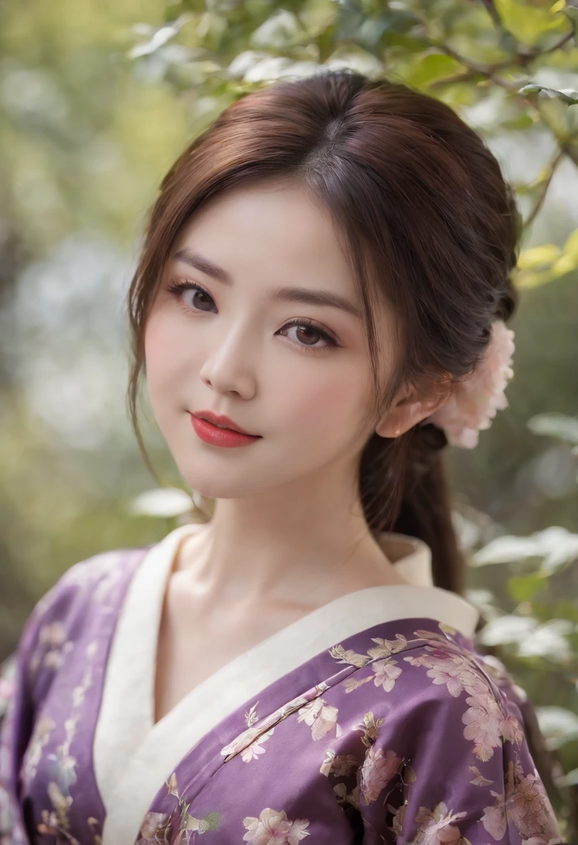 8k super-resolution、Beautuful Women、One lady、dark brown hair:1.1、hyperdetailed face、Detailed lips、significant、（Eyes are in focus）、二重まぶた、Eyes of the Princess、 beautfull Japanease woman、Beautiful Japan Lady、 sensual lip、Bewitching body、Bust Size 82、8 class large、Stand forward with good balance between left and right、in her 20s、（22year old）、Perspective、Lovely smile, Detailed Japan kimono in black-red-yellow-purple、Ultra-realistic and detailed floral pattern and shiny knots、Sharp Images、Detailed eye shine、Detailed background of Arashiyama Park in Kyoto、Natural hand shape