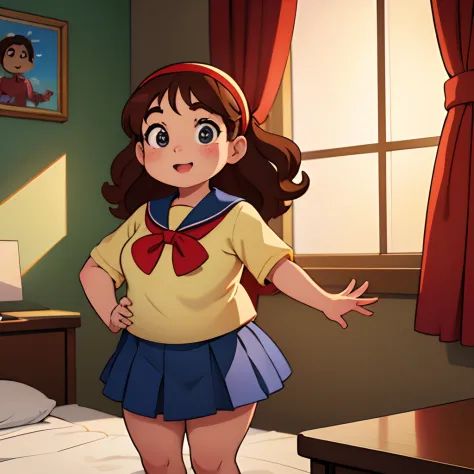 fat 5 year old girl in school uniform and red headband with adorable wavy light brown hair in pixar movie style, no seu quarto, ...