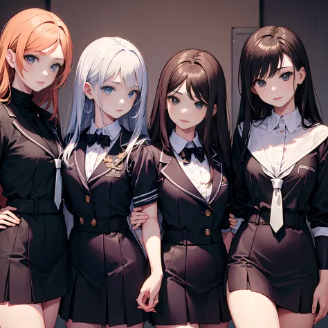 Masterpiece, 4girls, wearing school uniform, beauty and cute, high detailed, dinamic lighting, vivid colours,