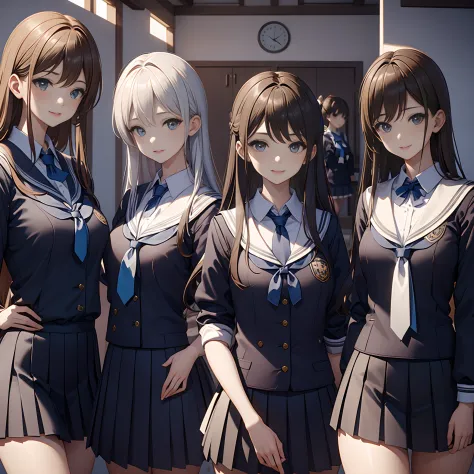 Masterpiece, 4girls, wearing school uniform, beauty and cute, high detailed, dinamic lighting, vivid colours,