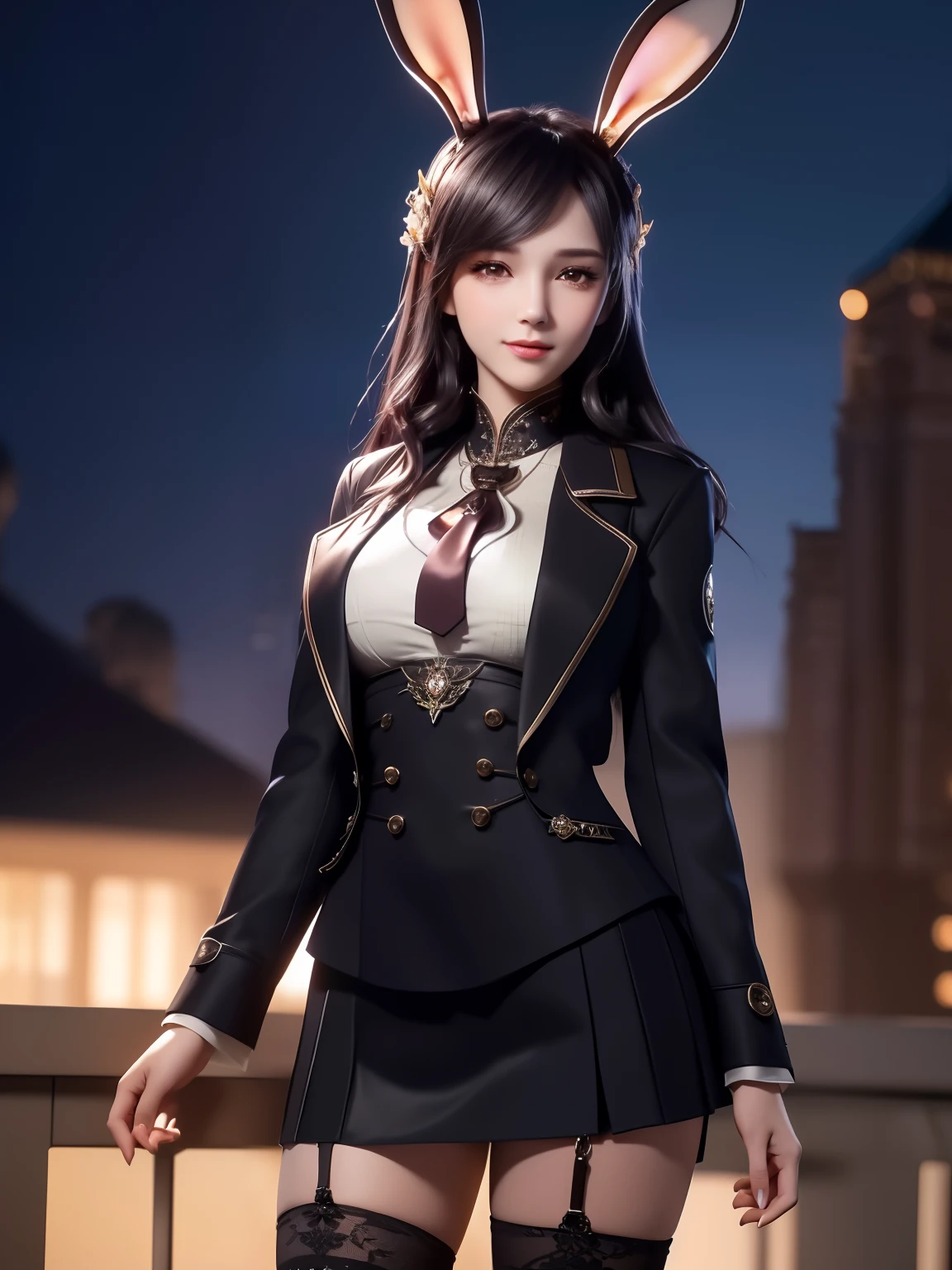 (masterpiece), (best quality), (perfect face), extremely detailed skin pores, (detailed skin:1.2), artstation, night, office, night sky,
cool girl, dark business jacket, dark business skirt, thighhighs, black short hair, straight face, light smile, standing, portrait,, rabbit ears, black hair