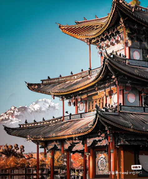 There is a tall building，There is a clock on it, Ancient Chinese architecture, Chinese architecture, Chinese style buildings, ti...