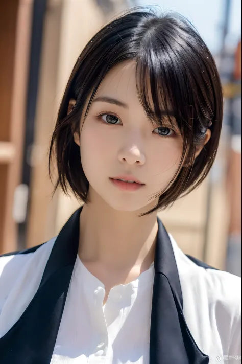 , Blown by the long wind [blue-black:.3] hair,Looking at Viewer, (masutepiece:1.3), (8K, Photorealistic, Raw photo, Best Quality: 1.4), Japanese, (1girl in), Beautiful face, (Realistic face), (Black hair, Short hair:1.3), Beautiful hairstyle, Realistic eye...