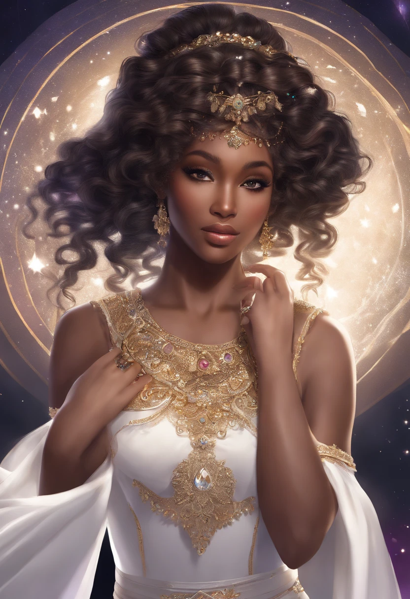 ((Masterpiece: 1.4, Best Quality))+,(Ultra Detail)+, Official Art, Unity 8k Wallpaper, Ultra Detailed, Beautiful, High Quality, Beautiful, Masterpiece, Best Quality, (Flat Chest), Full Body, Standing Painting, light background , golden curly Hair, bright Eyes, purple moon crest, anime, white jewelry , white heels, Asymmetrical Skirt, dark skin, white halos, stars in hair, Lots of Lace