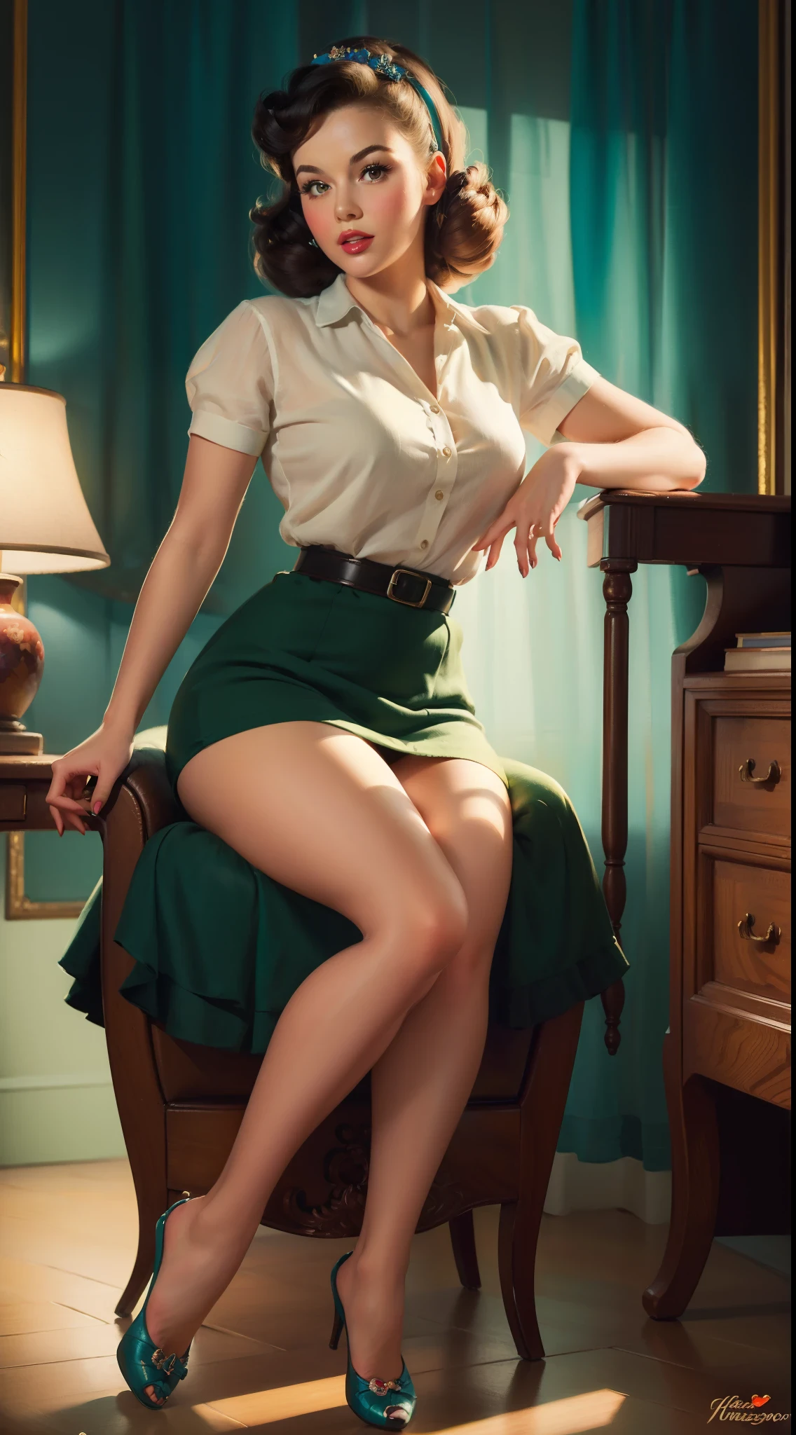 (masterpiece:1.4), (best quality:1.4), retro vintage pin-up style, extremely detailed, intricate, hyper-detailed, (detailed hand, fingers, legs),illustration, soft lighting,,20 years old girl sitting on the chair, vintage, retro pin up style,sexy, , surprised, mini tight skirt, flowing skirt, colorful , masterpieces art work, illustrated,caustics, full_body, digital_illustration