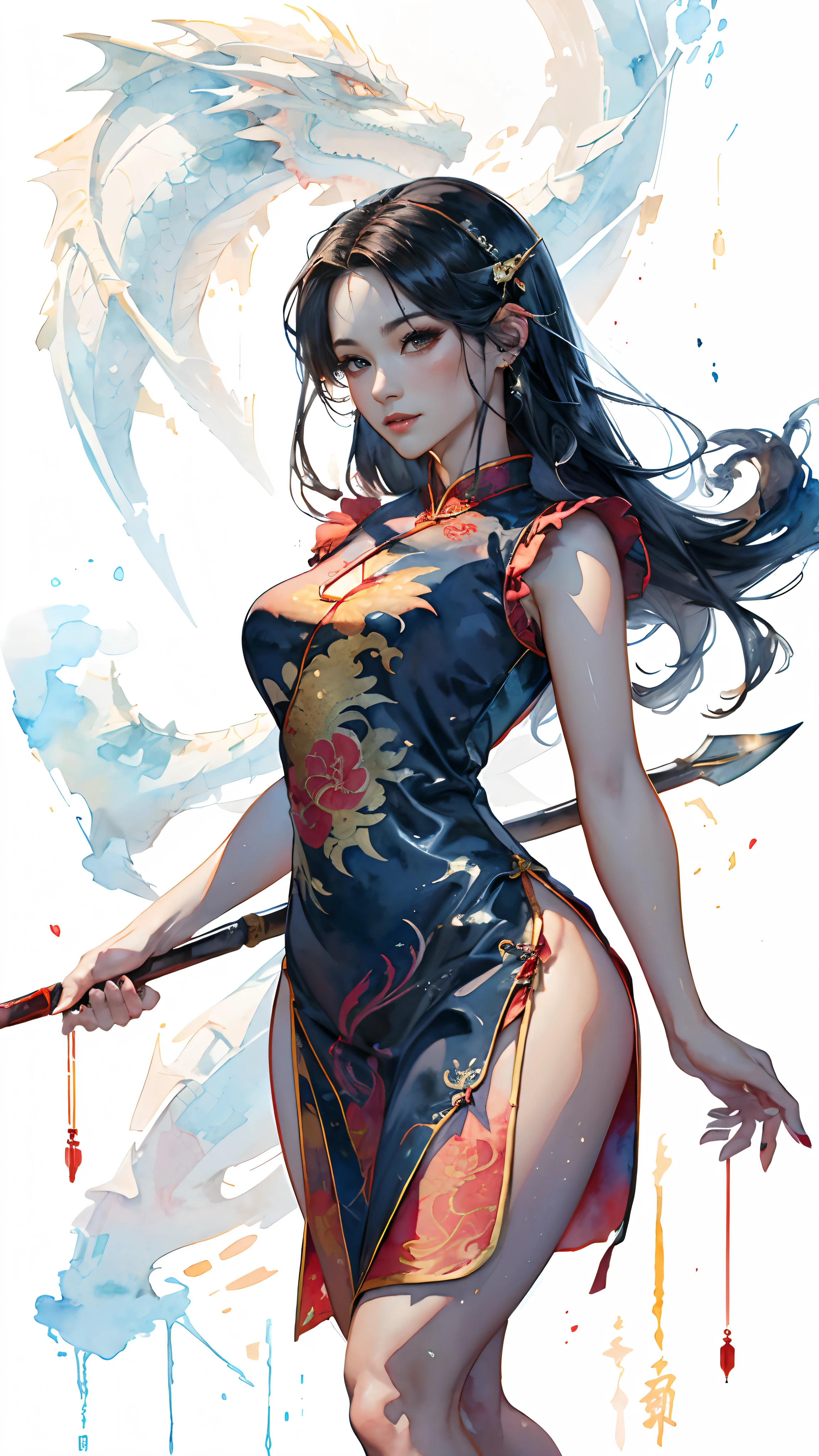 8K,​masterpiece,top-quality, (From the top:1.6) ,Dynamic Pose,30-year-old woman with,Portrait, light, Long Black Hair, ssmile, watercolor paiting \(Medium\),watercolor paiting,(Red cheongsam with a slit that adheres to the body:1.3),(thighs thighs thighs thighs:1.3),A sexy,(Holding a spear:1.2),(Dragon Behind:1.3)