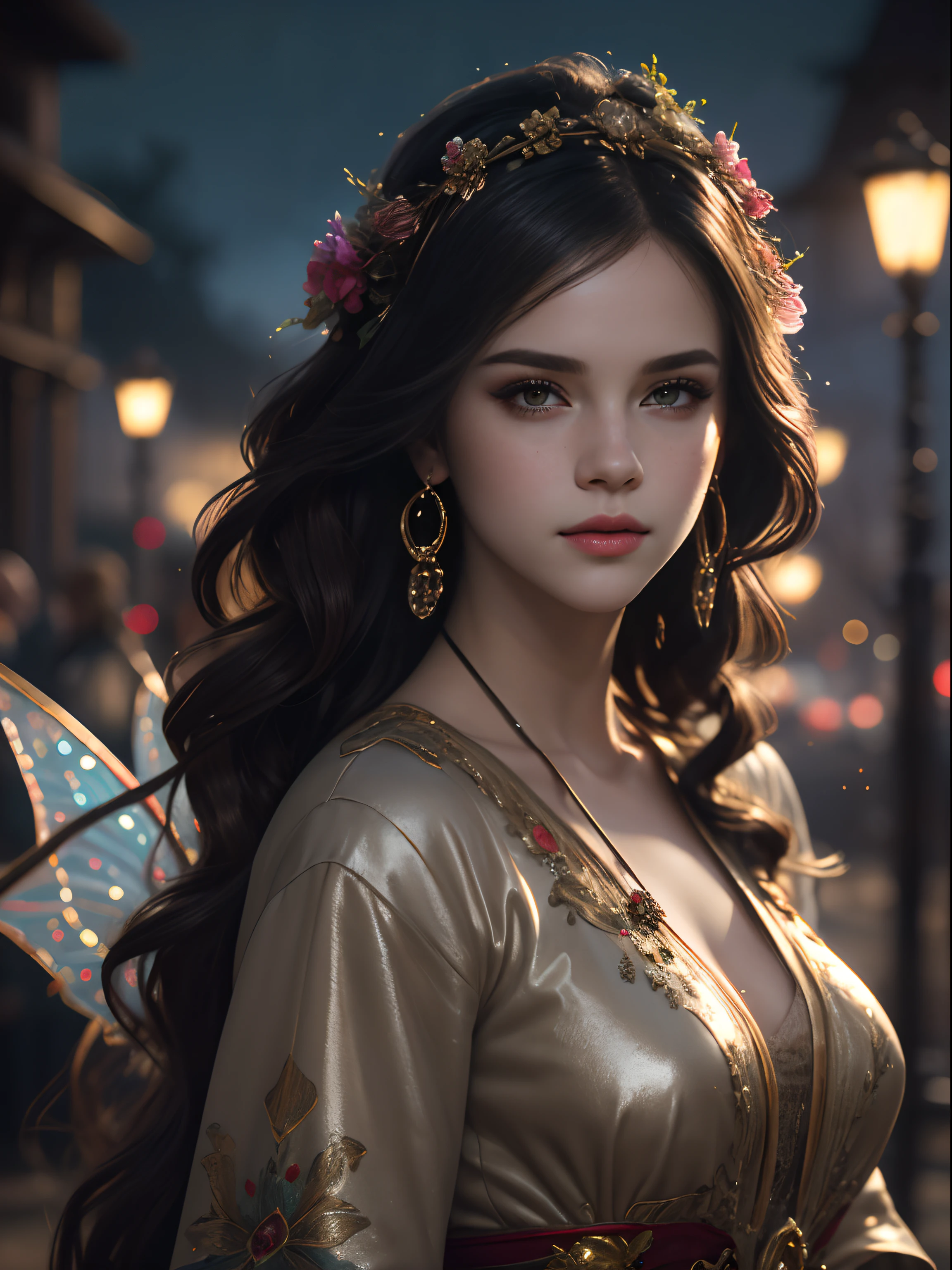 (((realistic painting))), (full body: 1.5), (amazing glamour)) fairy fairies (((Selena Gomez:Emma Watson:0.8))) adult lady, 30 years old lady, mature and sexy,at the renaissance festival, ((perfectly feminine face)), (+colorful wavy long hair), (+ Glittering freckles), (glitter), iridescent, flowing dress, intricate, 8k, highly detailed, volumetric lighting, digital painting, strong, sharp focus, (art by artgerm and rutkowski and alphonse mucha), (cloth simulation), (wind), cgsociety, good anatomy, great lighting, subsurface scattering, award winning, masterpiece, (perfect skin texture),(( Shining Skin)), ((realistic)), (style-sylvamagic:0.5), (nighttime), ( dark), (backlit) , (Style-NebMagic style night sky),