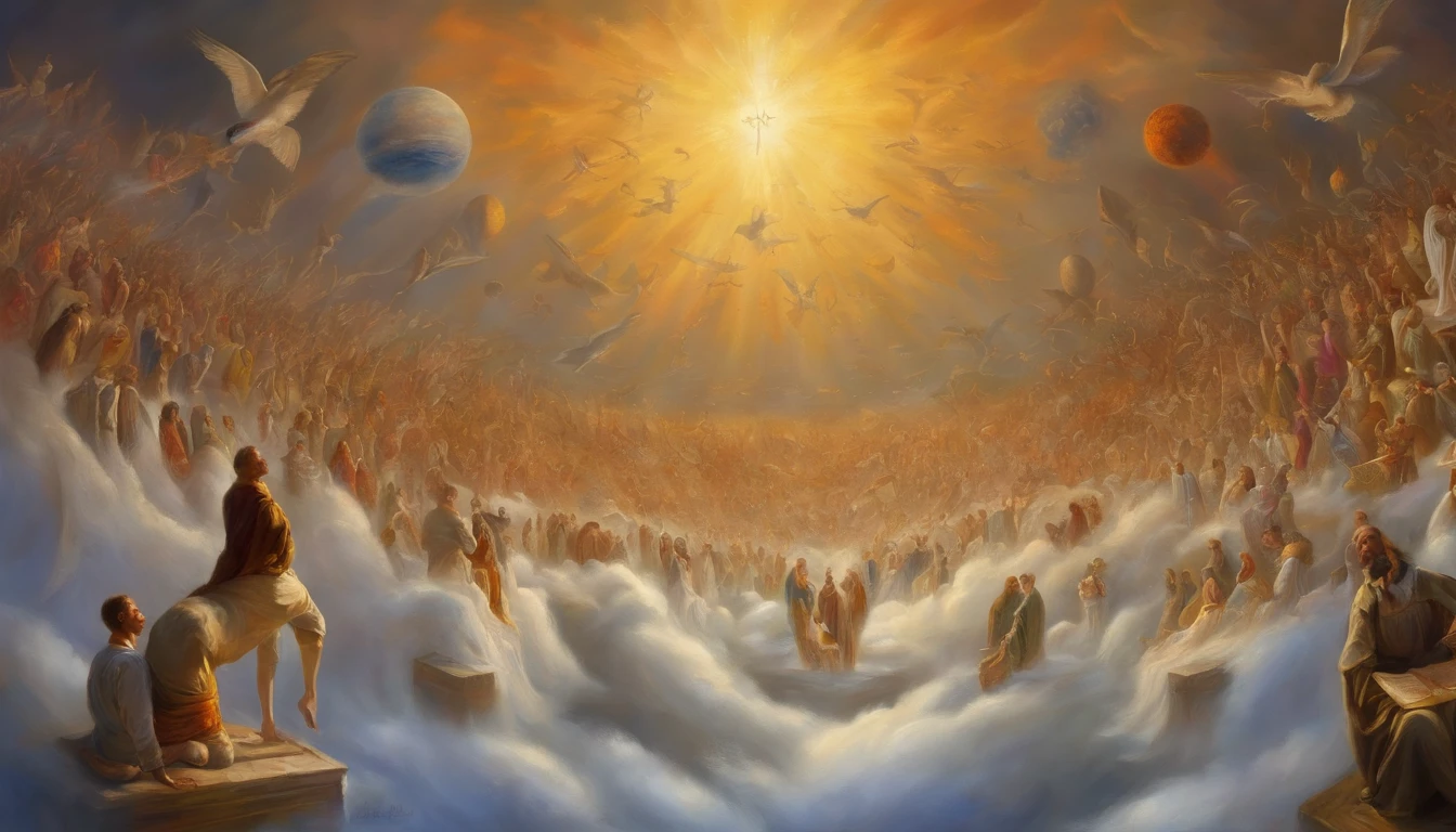 A painting of a large crowd of people standing in a sky - SeaArt AI