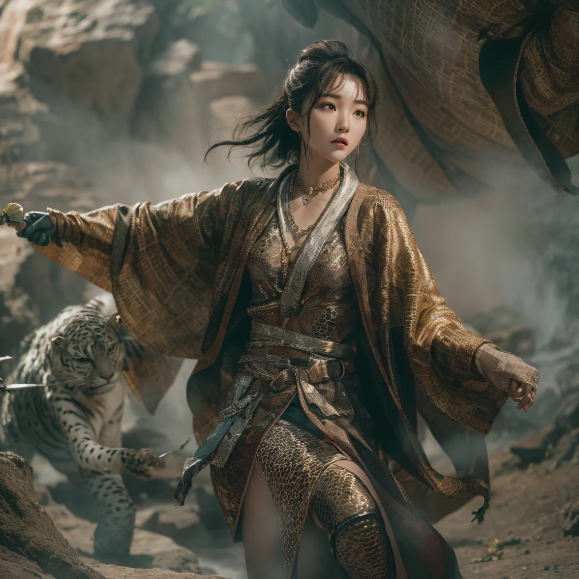 cinematic cgsociety,，Tropical canyon battle scene、Chinese big breasts、Quaint、three kingdom、ember、100 people、Telephoto vista（CG）、Intense CG battles、high detal、masuter piece、NSFW，Multi-layered long-sleeved gauze garment，Quick-dry vest，Linen sweater，Crocodile skin cape，golden shoulder pads, Silver hammer pattern cape, Burgundy body hair，Water vapor female spy，Shower buttocks green fruit milk jelly flat chest，Pine silk fish net knee brace space dance，Hexagonal prism，Put on a sprinkling gold pineapple knife，extremely happy，Zhou Dongyu（Tropical canyon battle scene）（（Scenes））