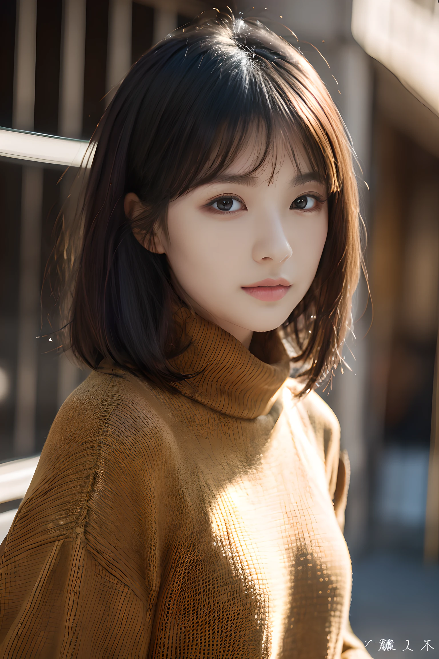 , long windblown [blue-black:.3] hair,looking at viewer, (masterpiece:1.3), (8k, photorealistic, RAW photo, best quality: 1.4), japanese, (1girl), beautiful face, (realistic face), (black hair, short hair:1.3), beautiful hairstyle, realistic eyes, beautiful detailed eyes, (realistic skin), beautiful skin, attractive, ultra high res, ultra realistic, highly detailed, golden ratio, orange turtleneck sweater, shorts,