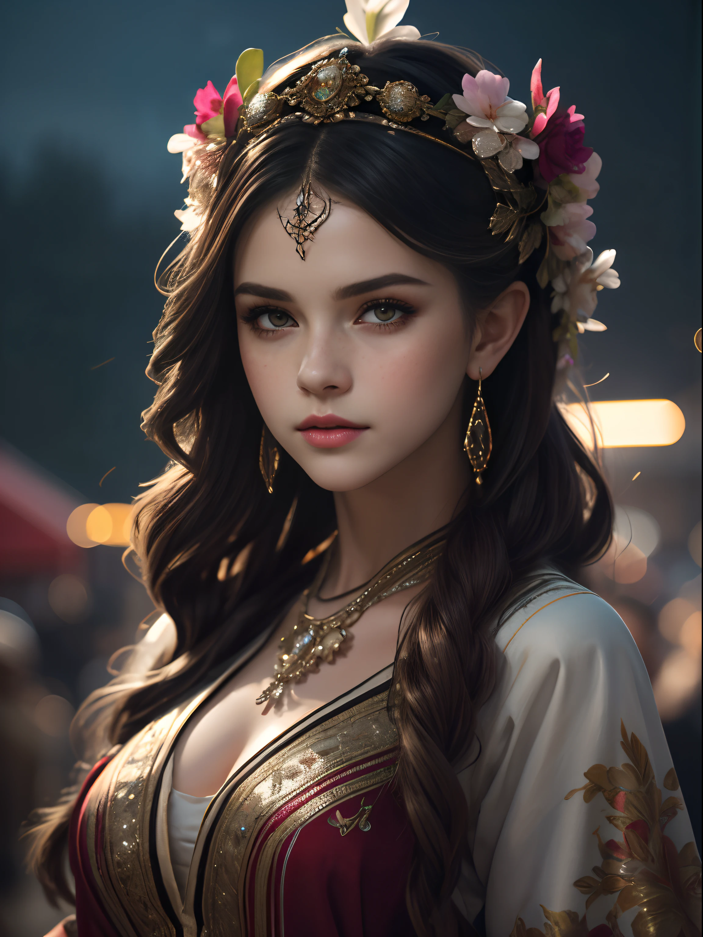 (((realistic painting))), (full body: 1.5), (amazing glamour)) fairy fairies (((Selena Gomez:Emma Watson:0.8))) adult lady, 30 years old lady, mature and sexy,at the renaissance festival, ((perfectly feminine face)), (+colorful wavy long hair), (+ Glittering freckles), (glitter), iridescent, flowing dress, intricate, 8k, highly detailed, volumetric lighting, digital painting, strong, sharp focus, (art by artgerm and rutkowski and alphonse mucha), (cloth simulation), (wind), cgsociety, good anatomy, great lighting, subsurface scattering, award winning, masterpiece, (perfect skin texture),(( Shining Skin)), ((realistic)), (style-sylvamagic:0.5), (nighttime), ( dark), (backlit) , (Style-NebMagic style night sky),