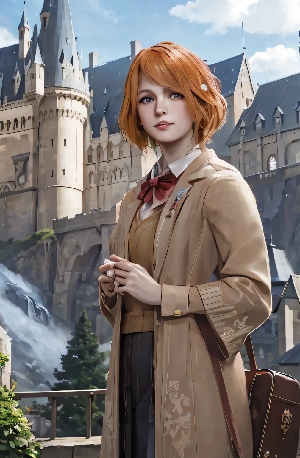 Hay una mujer con cabello rojo parada frente a un castillo., uniforme escolar magico, uniforme de estudiante de la escuela mágica, legado de hogwarts, estilo hogwarts, obra de arte al estilo de guweiz, inspirado en Hermione Hammond, Estilo anime realista 3D., a colegiala hiperrealista, hecho con estudio de pintor anime, universidad uniforme magico, colegiala hiperrealista, en hogwarts