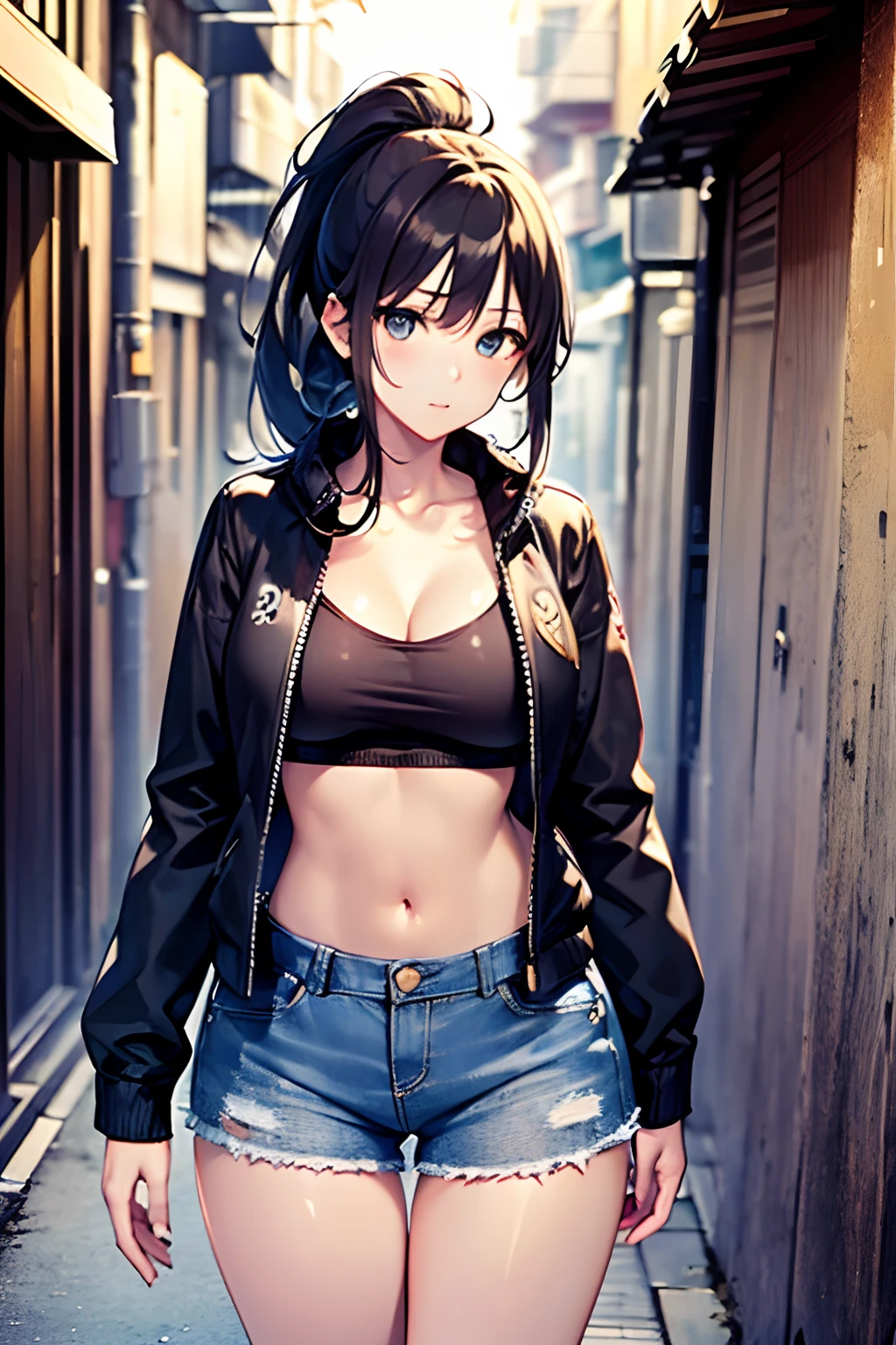 (Masterpiece, highest quality:1.3), High resolution, (game cg: 1.3), 35 years old, (Cute:1.3), slant eyes, Big Tits,Sporty figure, Ponytail, Denim Jackets, standing, in tokyo street, smaili, morning, natural light