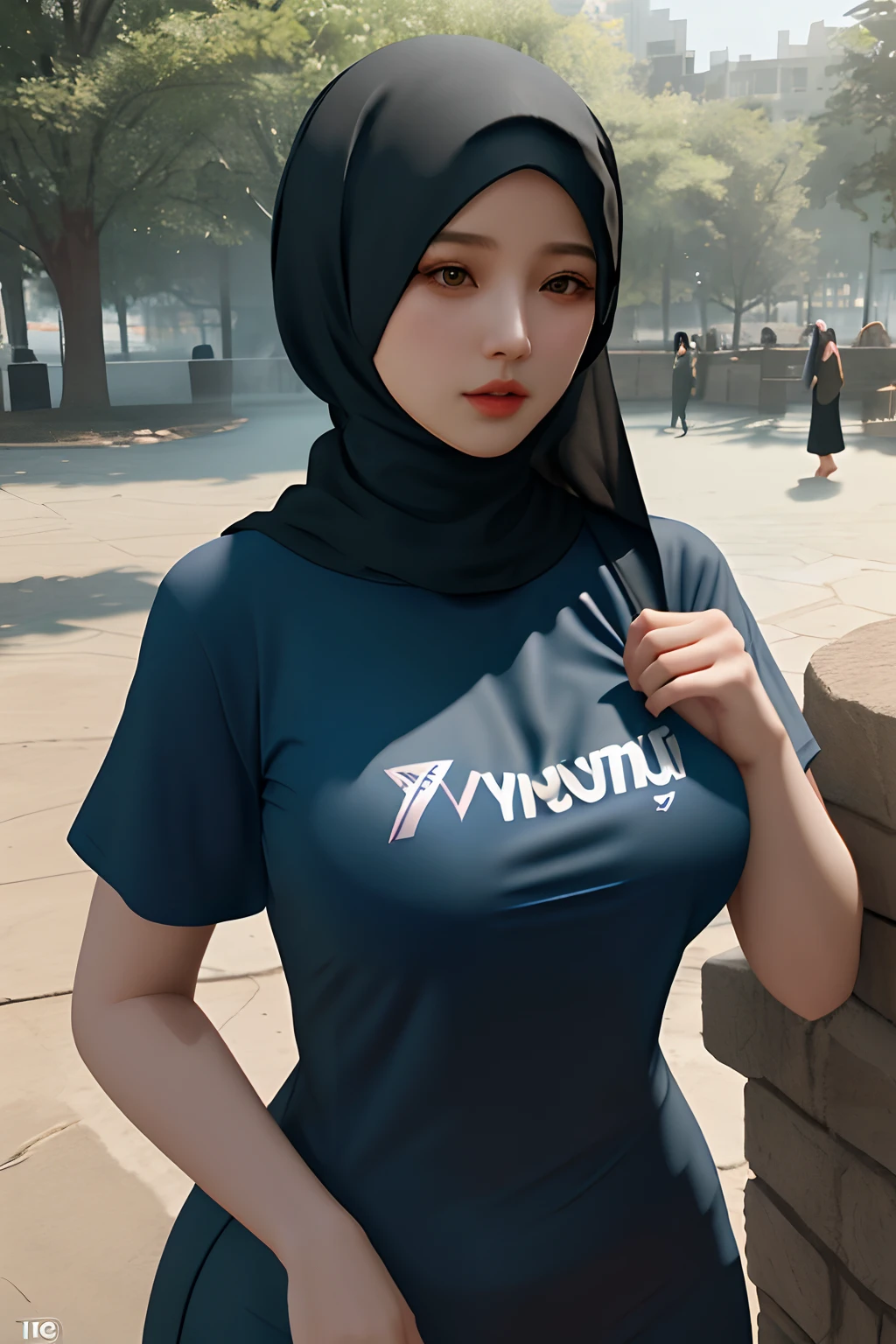 A close up of a woman wearing a blue shirt and a black hijab - SeaArt AI