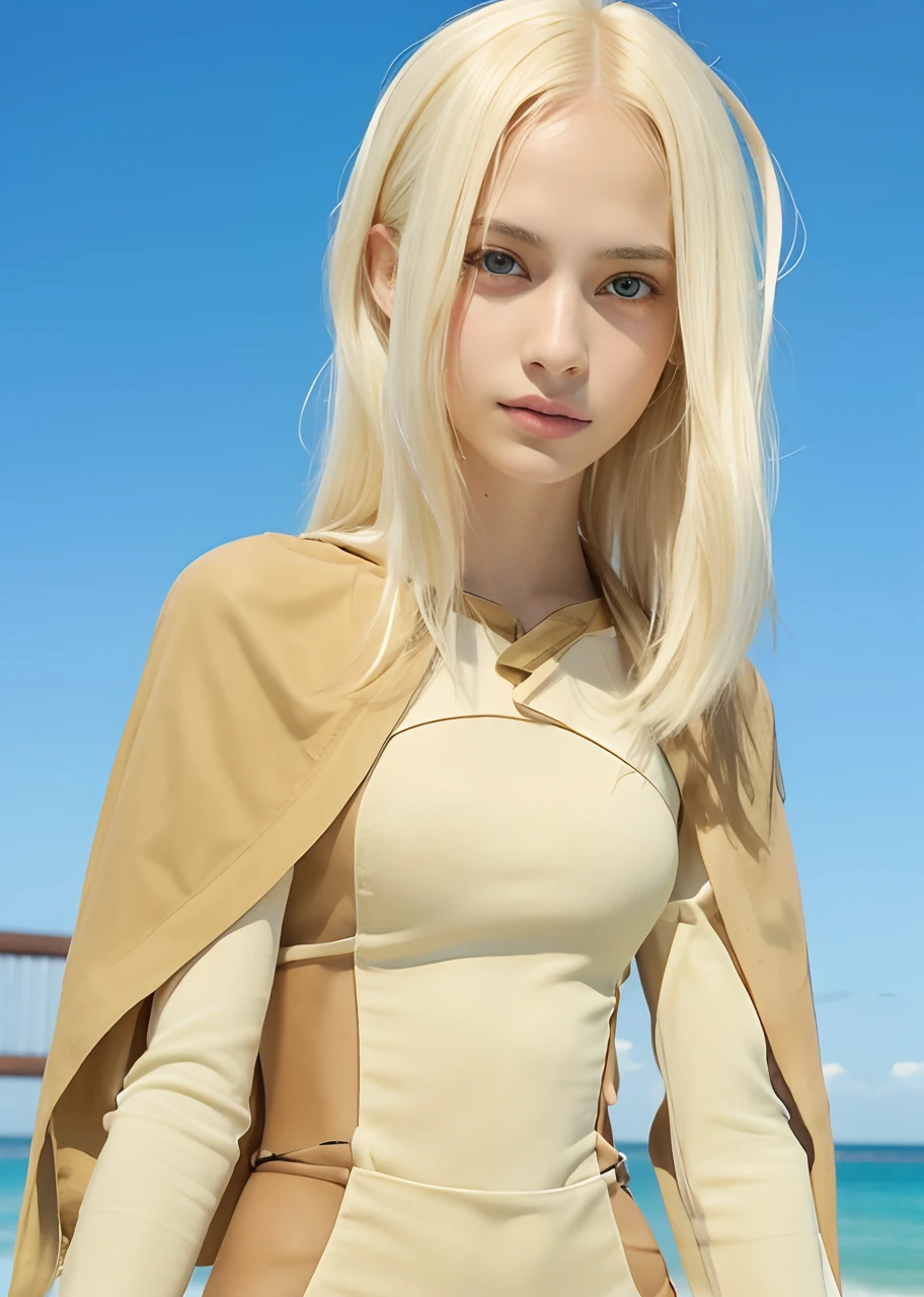 Kaya is a slim, pale-skinned girl with shoulder-length pale blonde hair. He has wide brown eyes, with a lighter color