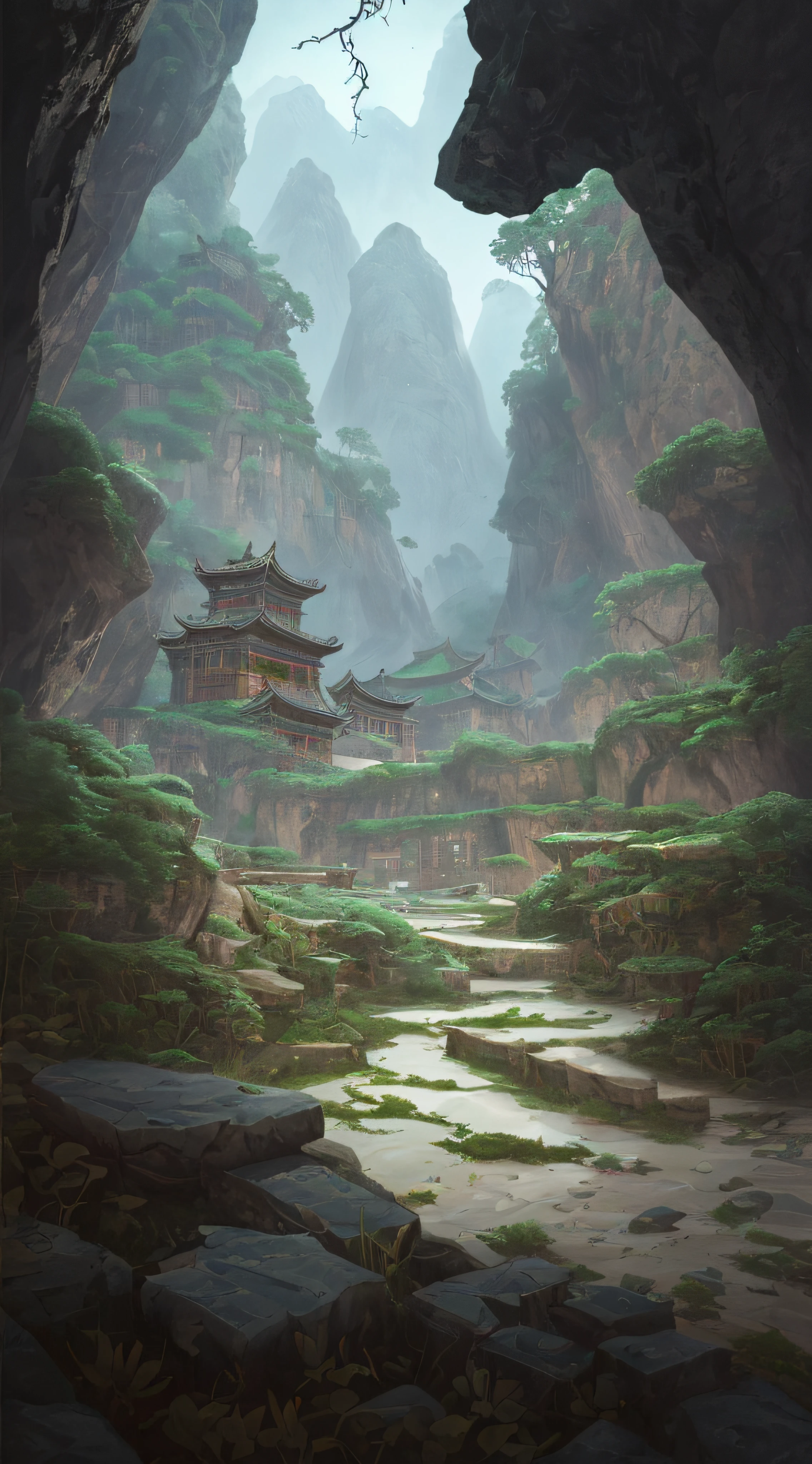 In a secluded cave，There is a mysterious light source in the distance，In the distance there are ancient Chinese ruins left behind，A river of magma flows laterally，League of Legends illustration，The foreground is a broken wall，Interrupted stone path on the shore，The shore is a flat clearing，At the bottom is an ancient flat stone floor，A lot of ancient Chinese textures remained，Rich picture detail，handpainted，number art，concept design，Blizzard concept design，A wide stone path at the bottom，A place where exotic beasts rest，