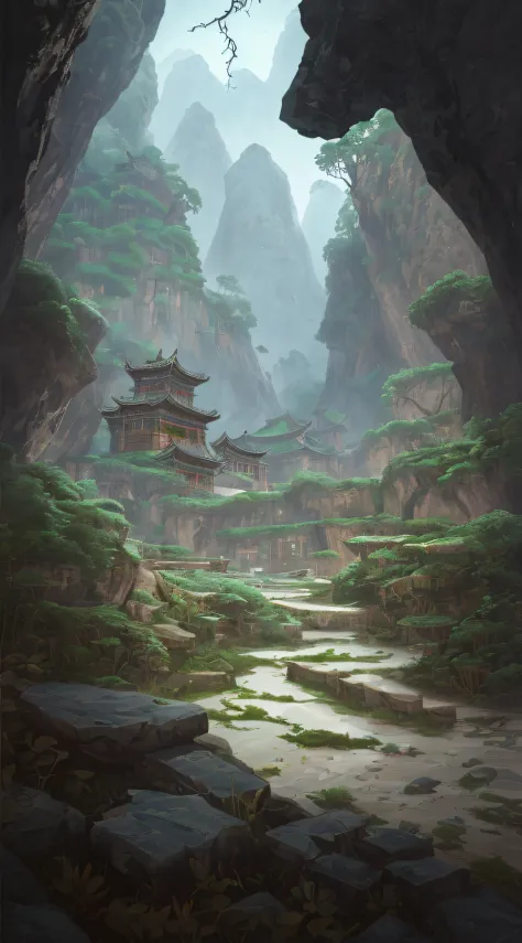 In a secluded cave，There is a mysterious light source in the distance，In the distance there are ancient Chinese ruins left behin...