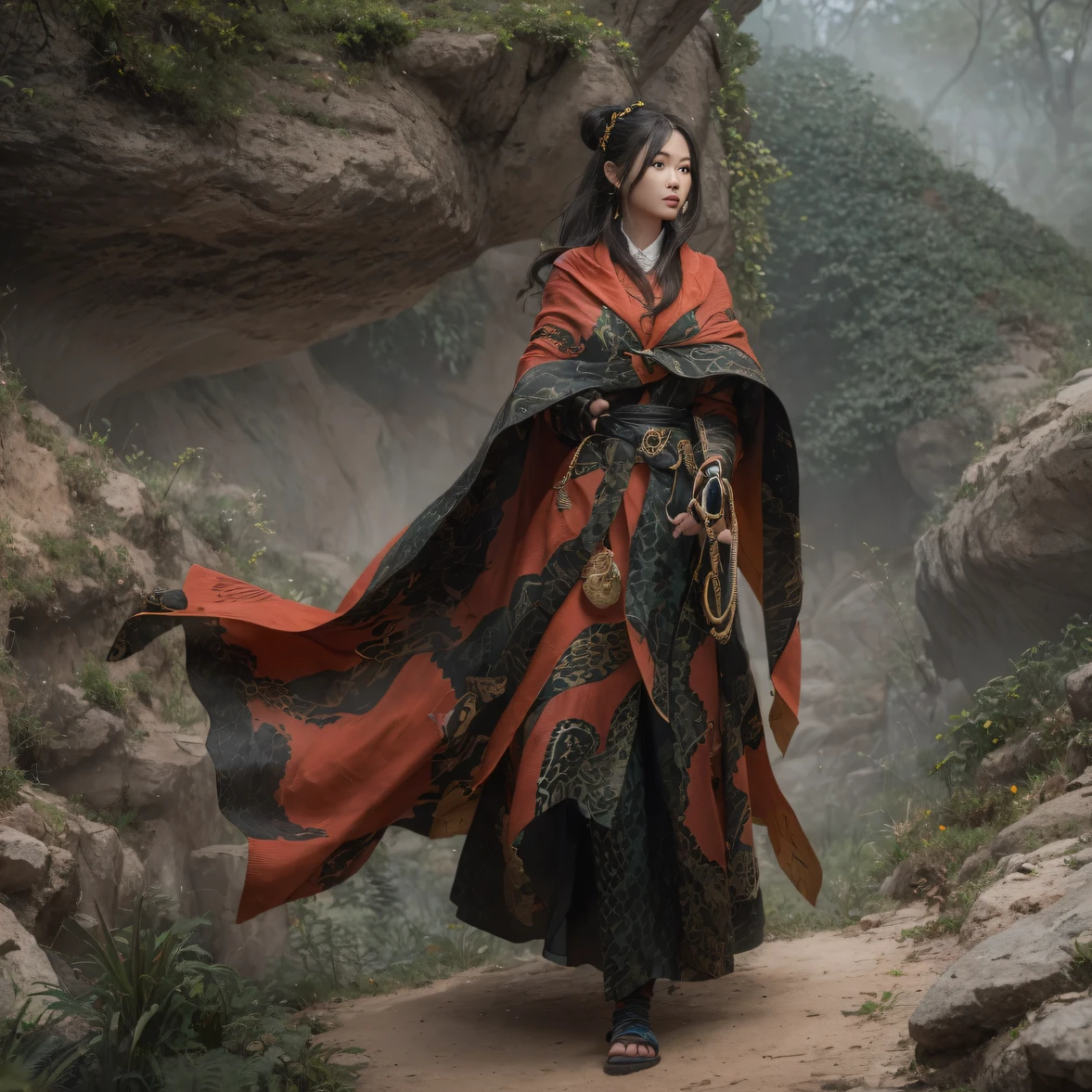 cinematic cgsociety,，Tropical canyon battle scene、Chinese big breasts、Antique trench coat、three kingdom、ember、100 people、Faraway view、intense battles、high detal、masuter piece、NSFW，Multi-layered long-sleeved gauze garment，Quick-dry vest，Colorful cotton and linen sweater，Red and black snake cape cloak，