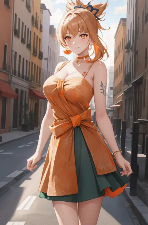 (day:1.7), standing in front of  a building in the background,
green dress with a yellow bow tie and earrings,
yoimiya, arm tatt...