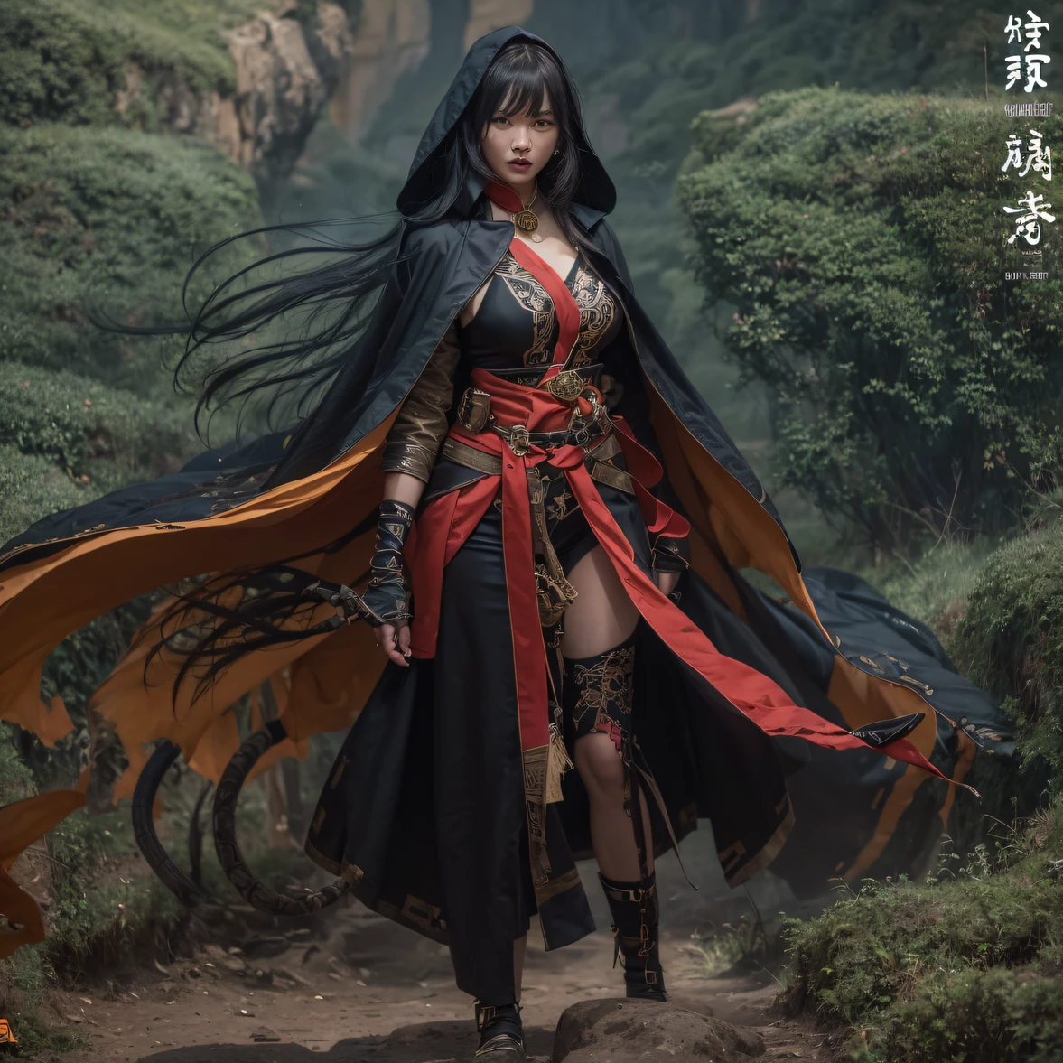 cinematic cgsociety,，Tropical canyon battle scene、Chinese big breasts、Antique trench coat、three kingdom、ember、100 people、Faraway view、intense battles、high detal、masuter piece、NSFW，Multi-layered long-sleeved gauze garment，Quick-dry vest，Colorful cotton and linen sweater，Red and black snake cape cloak，