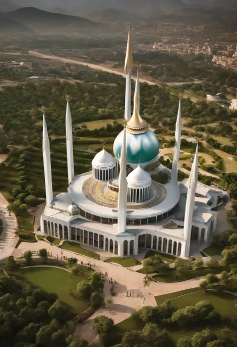 aerial view of Islamabad city in the year 2070, include known landmarks of Islamabad like the Faisal Mosque