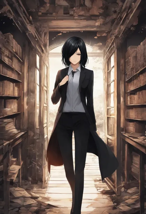 Mikasa Ackerman, dressed in elegant black suit, with a sword in her way ...