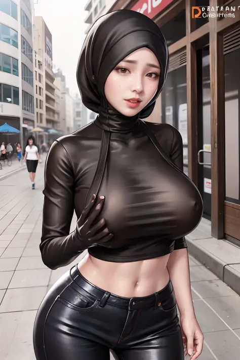 1 hijabgirl, holding_phone, solo, selfie,  standing, brown_eyes, long_black_hijab, long shirt and pants, breasts, red_lips, (W cup breast), in city street,korean girl ,sexy body, hot, body wet , gently smiling,happy detailed face