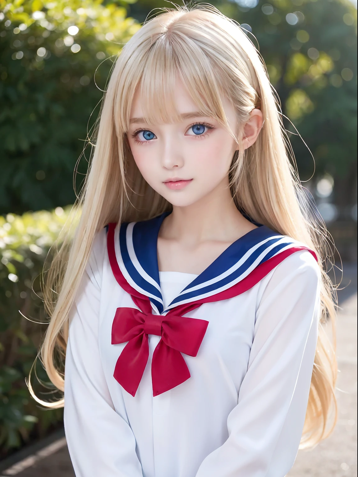 Sexy and very beautiful shiny cute face、shiny beautiful skin、Beautiful cute sexy pale light blue eyes、Beautiful super long shiny silky blonde hair、Waving bangs in front of the face、Sexy 1 cute little beautiful girl、Small face beauty、Ultimate Beauty、student clothes、a sailor suit、White beautiful skin、Gloss teak wood、