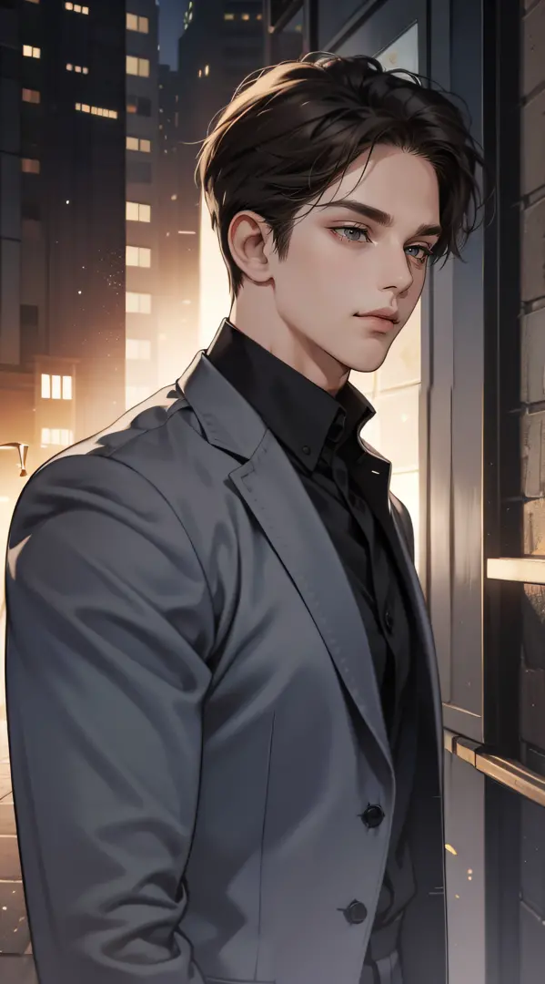 masutepiece, Best Quality, Realistic, 1man, matured male, Quiet and charming young man, 25 years old, closing eye, Serious look, extra detailed face, ((dark grey eyes)), ((Short right sweep dark brown hair)), [Thick eyebrows], detective, Within the city, (...