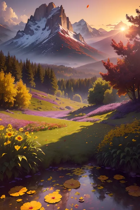 ((masterpiece, best quality, cinematic, photorealistic, ultra-detailed)), ((medium shot)), ((flowering plants in variant colors, red, yellow and purple, wet petals and leaves)), sunrise, mountains and trees