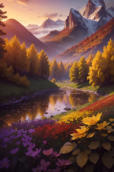 ((masterpiece, best quality, cinematic, photorealistic, ultra-detailed)), ((medium shot)), ((flowering plants in variant colors, red, yellow and purple, wet petals and leaves)), sunrise, mountains and trees