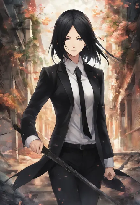 Mikasa Ackerman, dressed in elegant black suit, with a sword in her way ...