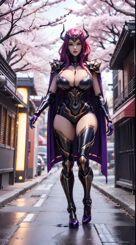 1GIRL, SOLO, (ssmile, makeup, beautifull eyes, red libs, red hair, gold dragon helm), (HUGE FAKE BOOBS:1.3), (GUARD ARM), (black, purple, IN FUTURISTIC DRAGON ARMOR, GIRL IN MECHA CYBER ARMOR, ROYAL CAPE, CLEAVAGE, BLACK SKINTIGHT HOTPANTS, HIGH HEELS:1.5)...