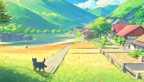 In a beautiful little village，There are mountains，grove，grassy fields，Small lake，o cachorrinho，baby cats，A lively and cute little boy trotts around the village，And beautiful sunsets，A gentle breeze
