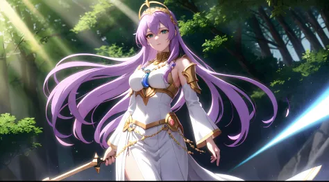 Athena with plain long light purple hair,hair between eyes,green eyes,rosy cheeks,full lips,thin eyebrows,slender body,divinity ...
