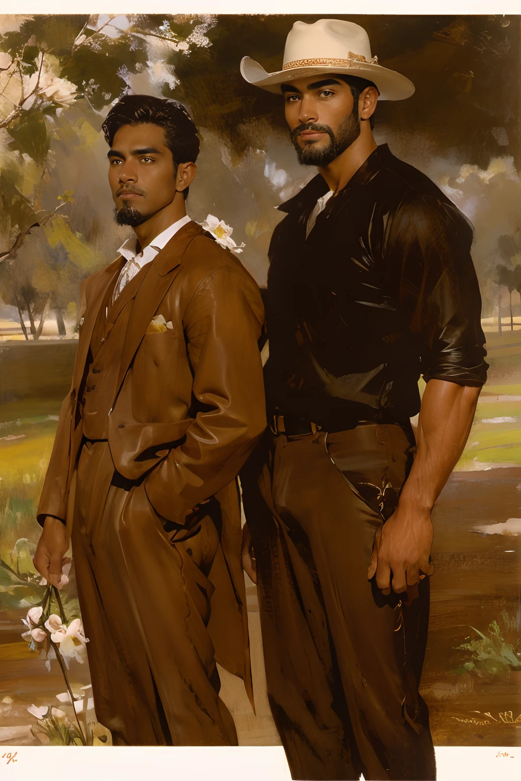 兩個男牛仔在田野上拿著野玫瑰, 棕色服装, 菲律賓裔美國人站在一位高大英俊的白人旁邊，他戴著牛仔帽、短髮和鬍鬚, 英俊的脸, 20 世纪 20 年代后期, 淺色臉部毛髮, 中長捲髮, 深棕色牛仔帽, 2个男孩, 中長髮