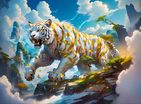 Painting of a tiger with a fire tail on a mountain - SeaArt AI