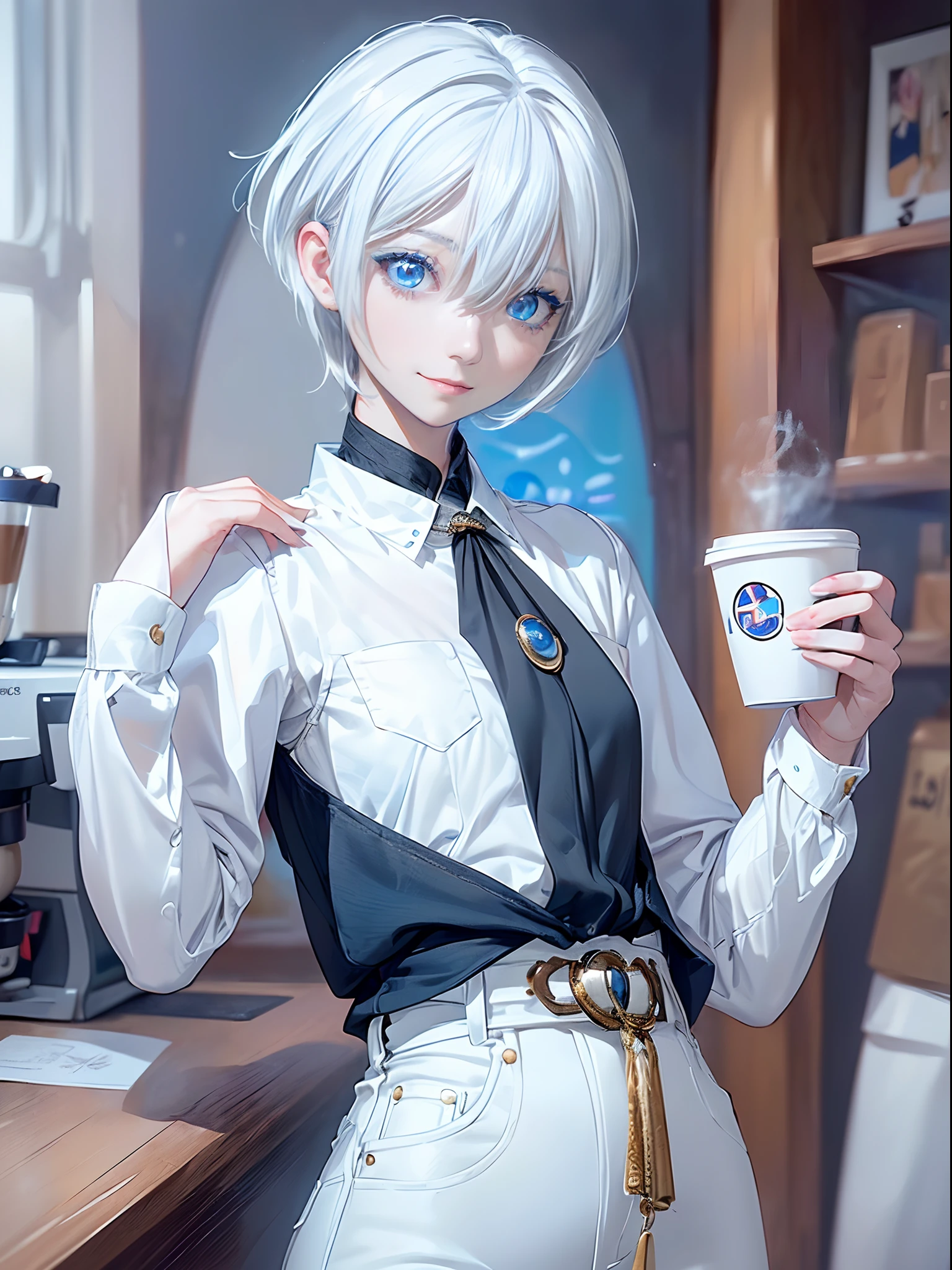 ((4K works))、​masterpiece、(top-quality)、1 beutiful girl、Slim body、tall、((Black Y-shirt and white pants、Attractive denim corde style))、(Detailed beautiful eyes)、Daytime coffee shop、((Bright coffee shop))、For a date at a fashionable coffee shop、((Face similar to Carly Rae Jepsen))、((Short-haired white hair))、((Smaller face))、((Neutral face))、((Bright blue eyes))、((American adult women))、((Adult female 26 years old))、((cool lady))、((Like a celebrity))、((Smiling expression))、((Korean Makeup))、((elongated and sharp eyes))、((Happy dating))、((boyish))、((Upper body photography))、Professional Photos、((Shot alone))