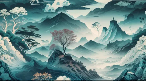 Traditional ink painting style：Detailed mountains and oceans,Mysterious creatures and spirits,A lush，Vibrant landscape,Mythical and magical atmosphere,Dark blue color palette,Hazy and ethereal lighting，Best quality,A high resolution,(Realistic,Photorealist...