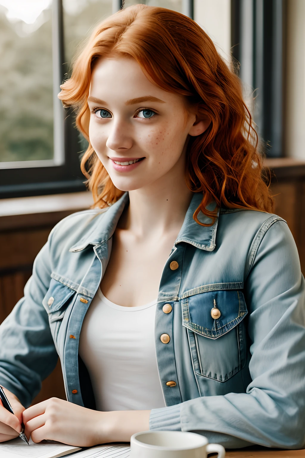 1girl in, age19, Solo, Aesthetic artwork, irish  redhead, curly ginger hair, shoulder length ginger hair, gray eyes, light grey eyes, some small freckles, pale skin, A-cup, small breasts, runners body, detailed skin texture, cute smile, sitting at a table, glass of tea on table, open note book on table, (extremely detailed 8k wallpaper), soft lighting, high quality, film grain, Fujifilm XT3 sharp focus, f 5.6, 50mm, High Detail, Sharp focus,(natural light), light blue jacket, khaki jacket, faded blue jeans, holes and blue jeans, crazy details, complex details, hyper detailed