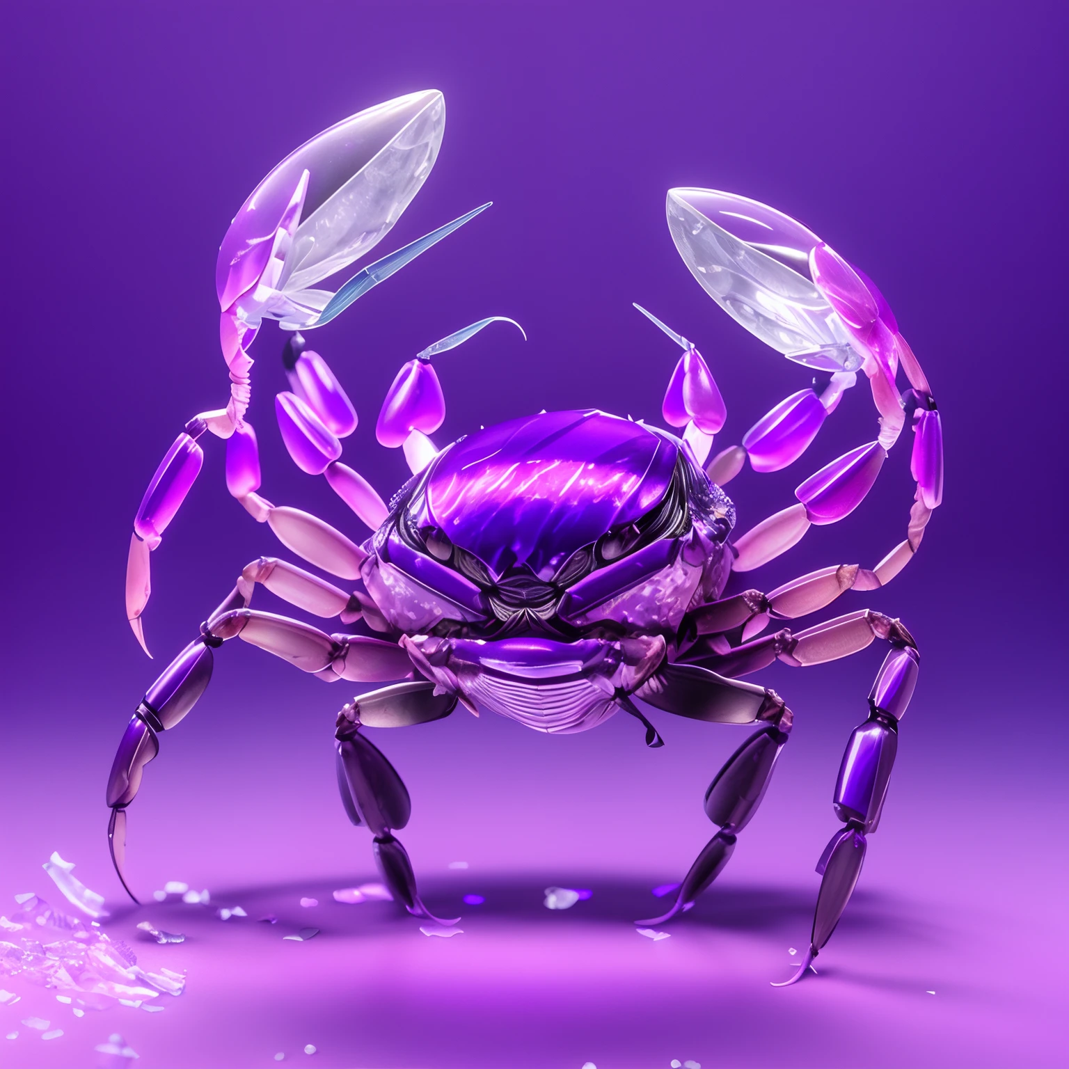 Purple crab with purple shell on its back, anthropomorphic crab, author：Adam Maczynski, Purple bioluminescence, award winning macro photography, Ultraviolet photography, made of liquid purple metal, crabcore, crustacean, depicted as a 3 d render, ultra realistic 3d illustration, author：Alexander Kobzd