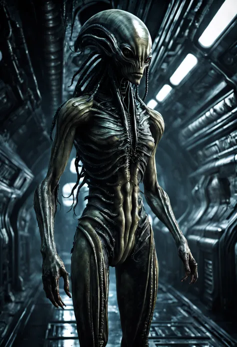 masterpiece, a creepy scary alien creature with alien skin and clothing, with a damp and steamy highly detailed spaceship corridor in the background, sci-fi, flickering halogen lamps, muted dark colors, high dynamic range, aggressive pose, sultry, full bod...