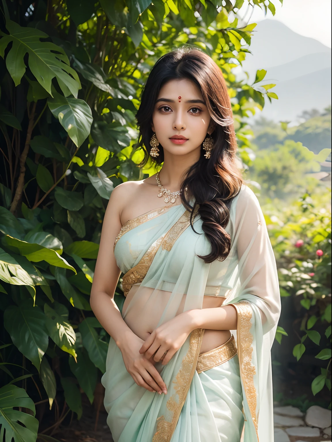 Anusha in a blue sari and gold blouse - SeaArt AI