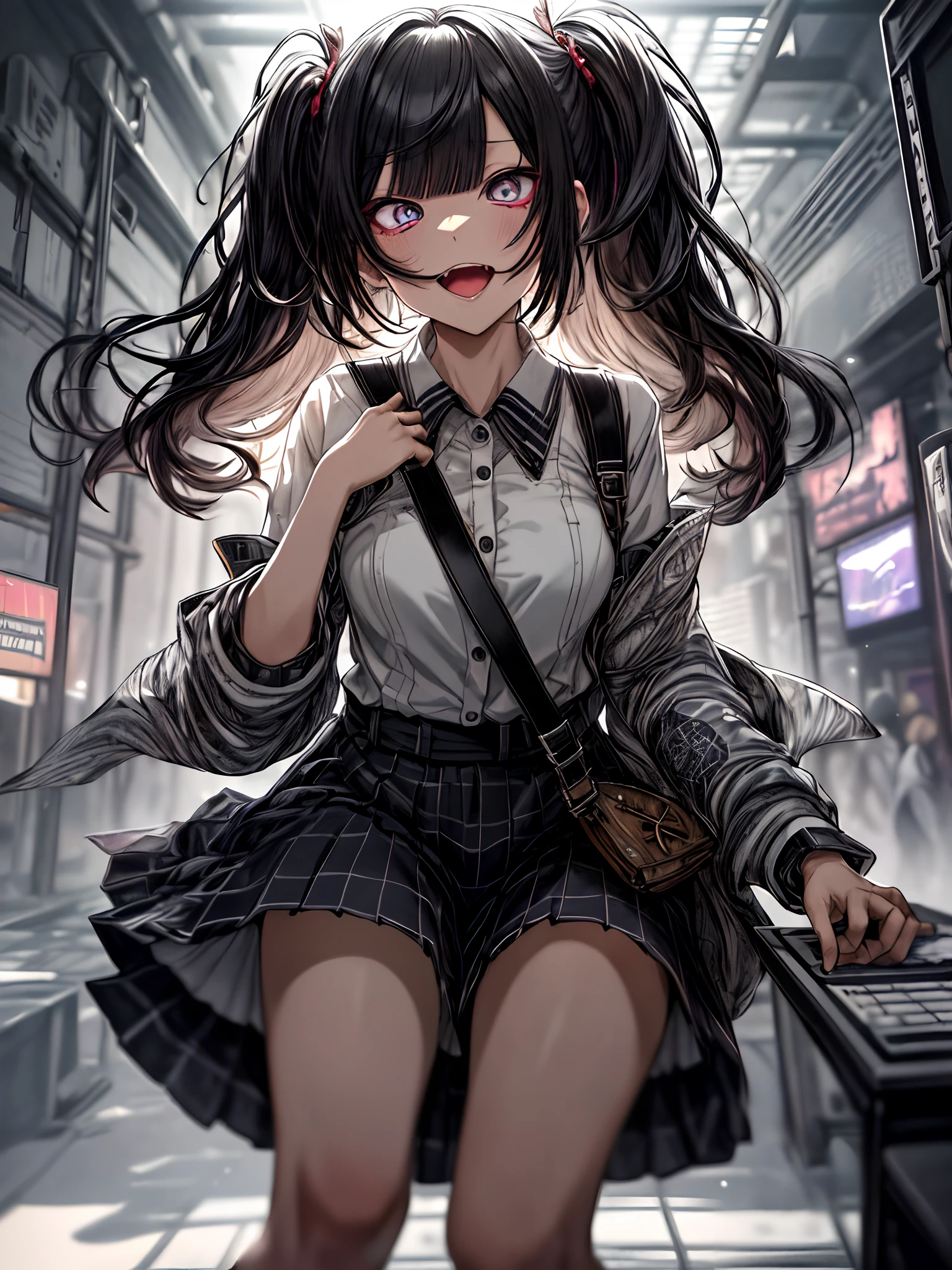 Anime girl with long hair and a school uniform walking down a hallway -  SeaArt AI