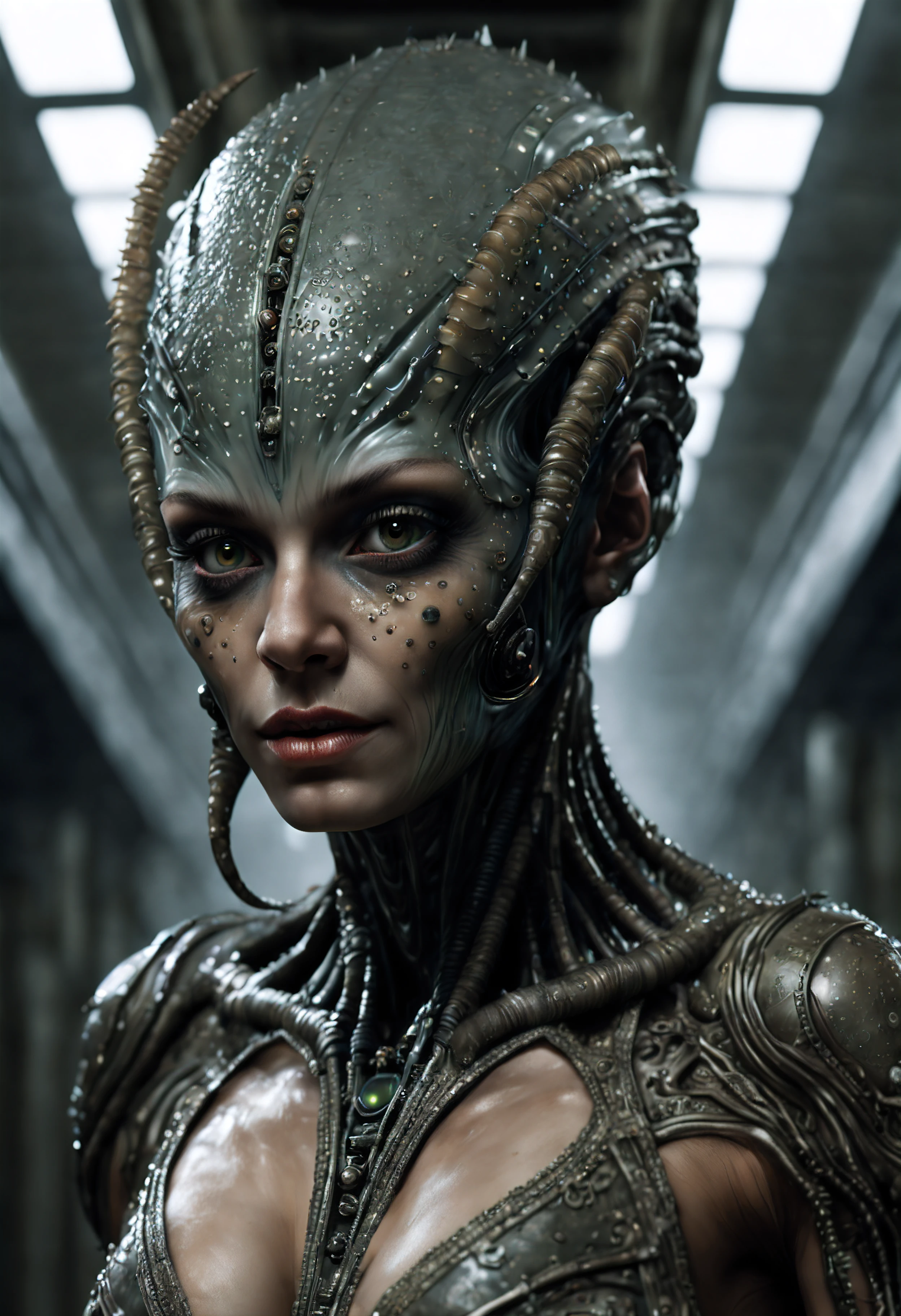 masterpiece, a creepy scary alien creature with alien skin and clothing, with a damp and steamy highly detailed spaceship corridor in the background, sci-fi, flickering halogen lamps, muted dark colors, high dynamic range, aggressive pose, sultry, full body, perfect face, detailed face, perfect body, alien tattoos, scars, smudge, oil greased skin, complex details, highly detailed body, highly detailed skin, highly detailed face, reflective textures, wet skin, dripping water, The Alien film franchise, photorealistic, masterpiece, hyperrealism, analog style, 8K UHD, RAW, octan render, concept art, professionally color graded, muted LUT, HR Giger, Hans Ruedi Giger, by Aaron Horkey and Jeremy Mann