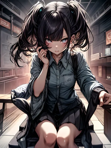 Full body、Sit on a chair, cross one's legs、Bag、High School Costumes、long、校服、A dark-haired、Twin-tailed、Ahegao ( Silly / Sexual ec...