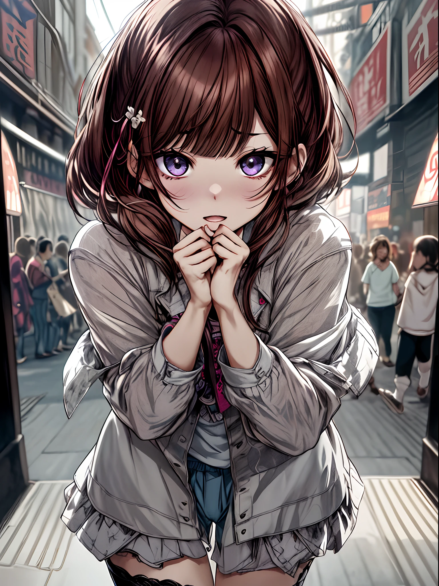 Full body、Brown hair、Ordinary clothes、Casual clothing、Ahegao ( Silly / Sexual ecstasy)、Cross-eyed、Stranger、View other people、Blunt bangs、 over-kneehighs,Ahegao , Silly,Sexual ecstasy,Drunken eyes,Blunt bangs,,(masutepiece:1.2, Best Quality), (finely detailed beautiful eye: 1.2), (Detailed background,Dark Fantasy), (beautifull detailed face), High contrast, (Best Illumination, extremely delicate and beautiful), ((Cinematic Light)), Colorful, Hyper Detail, Dramatic light, Intricate details,