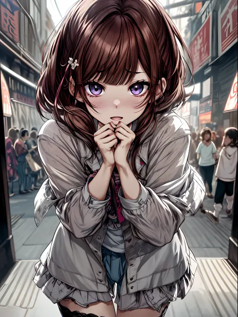 full body、brown hair、ordinary clothes、casual clothing、ahegao ( silly / sexual ecstasy)、cross-eyed、stranger、view other people、blu...