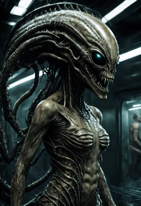 masterpiece, a creepy scary alien creature with alien skin and clothing, with a damp and steamy highly detailed spaceship corridor in the background, sci-fi, flickering halogen lamps, muted dark colors, high dynamic range, aggressive pose, sultry, full bod...