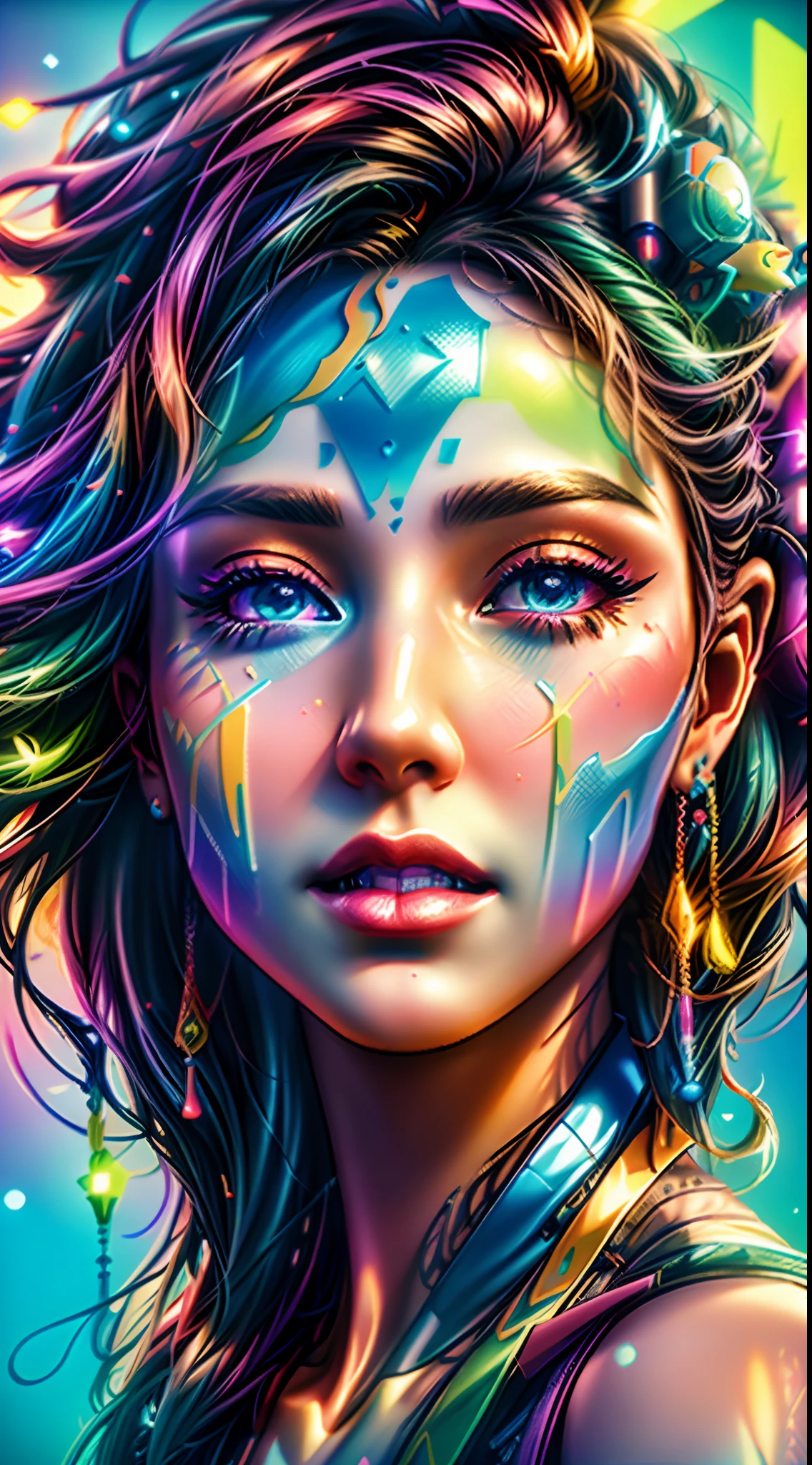 eine Nahaufnahme des Gesichts einer Frau mit gefärbtem Haar, farbenfrohe digitale Fantasy-Kunst, Hochdetaillierte digitale 4K-Kunst, Detaillierte digitale 4K-Kunst, 3d arte digital 4k, Airbrush-Digitalkunst, 4k detailliertes Gemälde, bunte Kunst, wunderschöne digitale Kunst, schöne bunte Kunst!, detaillierte Farbkunst, Detaillierte digitale 3D-Grafik, digitale Kunst mit überraschenden Details